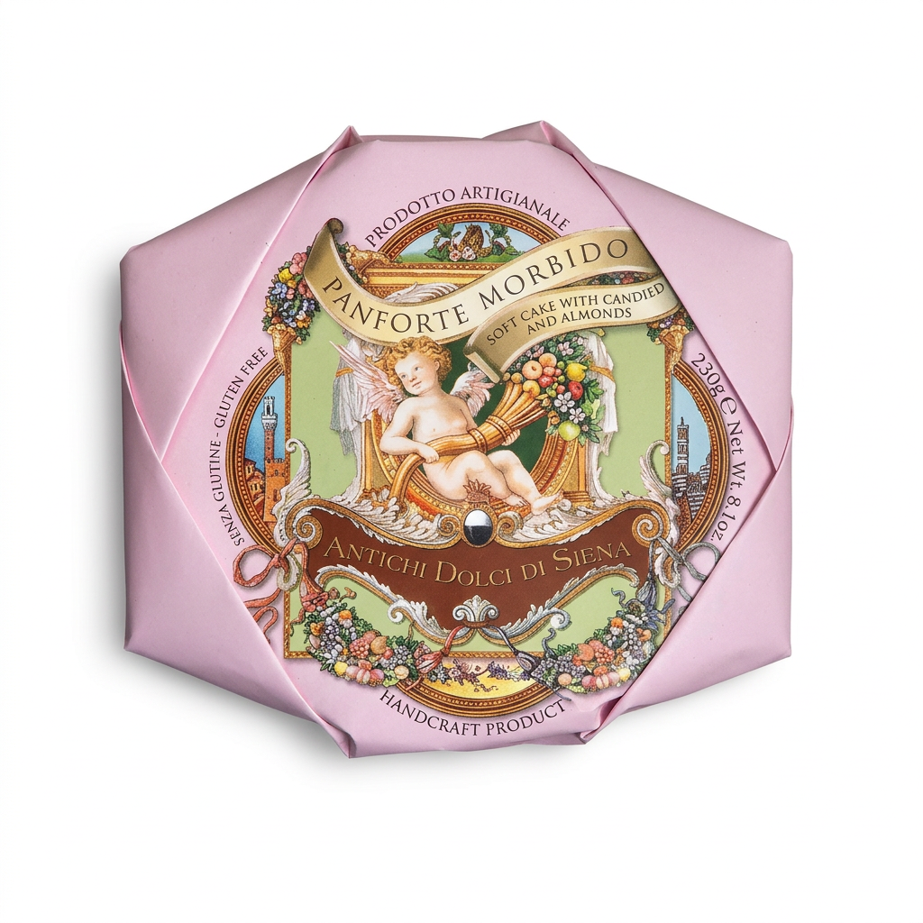 Panforte Morbido in confezione rosa su sfondo bianco