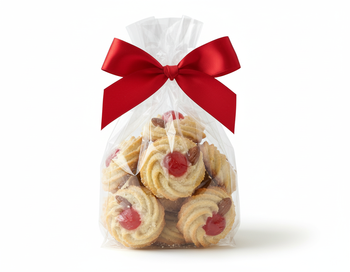 Pasticcini di pasta di mandorla con ciliegia in sacchetto regalo