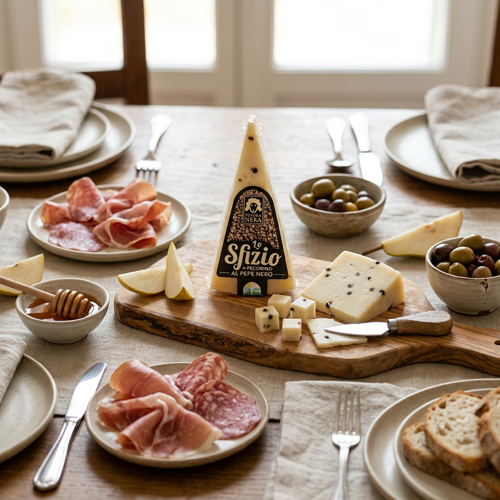 Pecorino al pepe nero su una tavola apparecchiata con accompagnamenti
