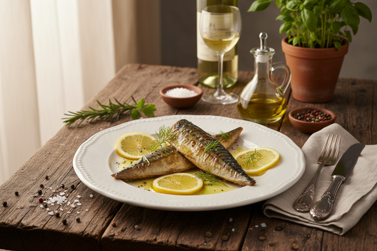 Piatto di sgombro su tavola apparecchiata