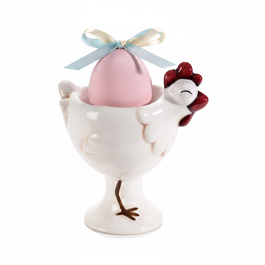 Portauovo Ceramica Gallinella con Uovo Confettato e Fiocco