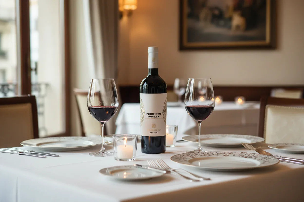 Primitivo del Salento Paolo Leo su tavolo apparecchiato elegante