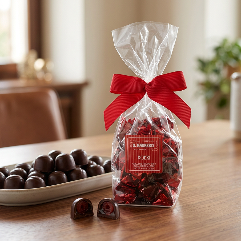 Sacchetto di Boeri Barbero su un tavolo con un vassoio di cioccolatini