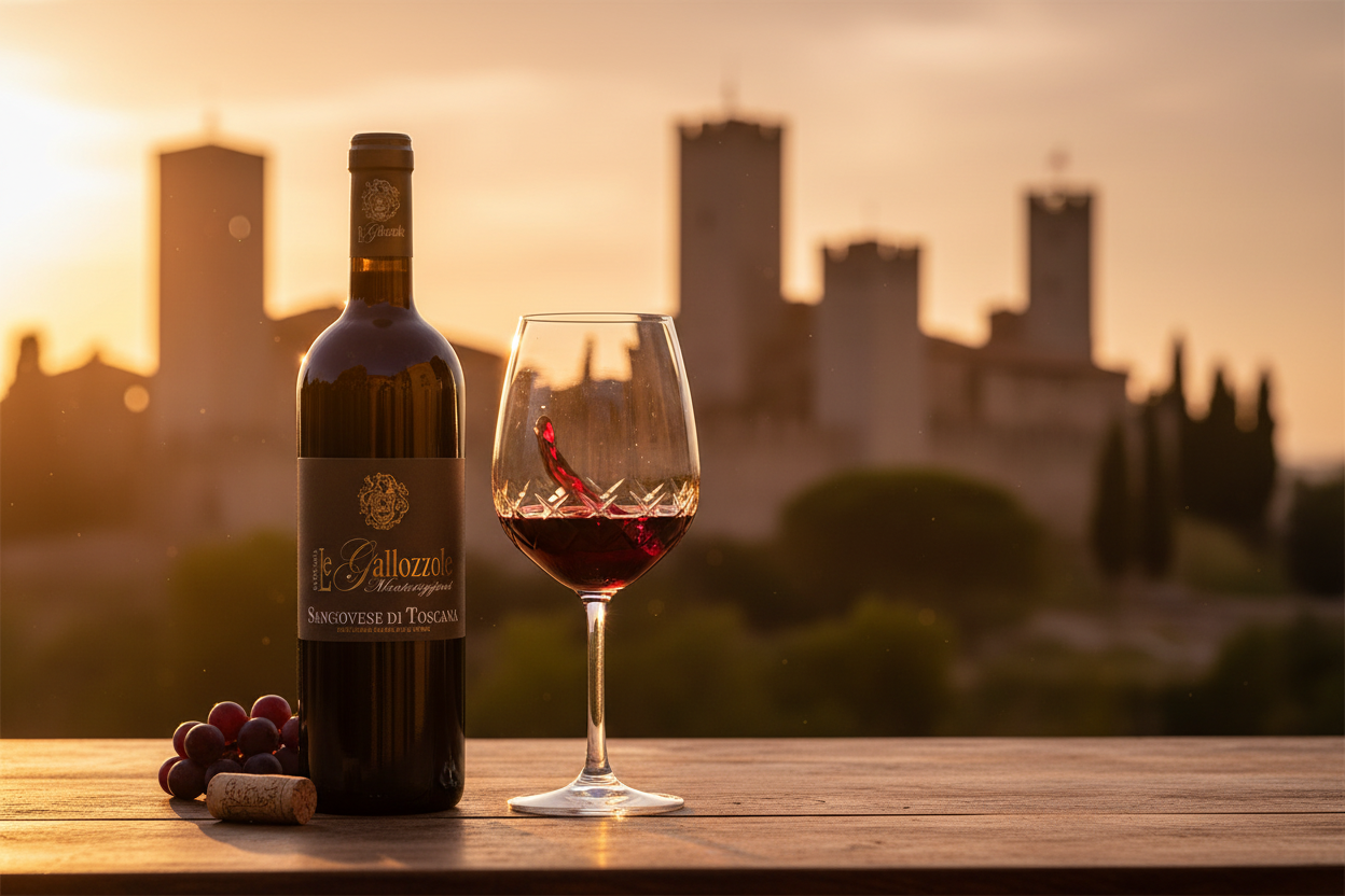 Sangiovese IGT Monteriggioni con calice e sfondo Monteriggioni