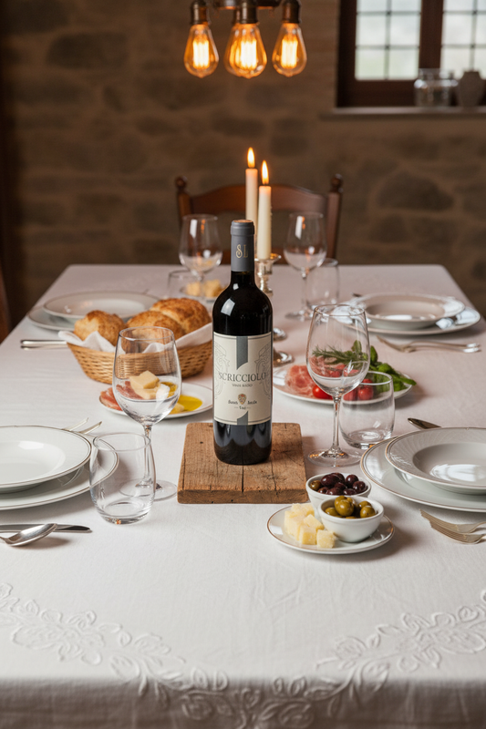 Tavola apparecchiata con vino Scricciolo