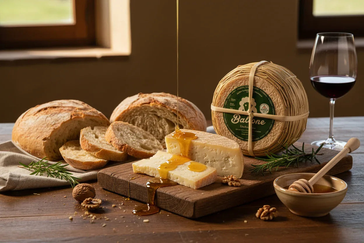 Tavola con Ballone Pecorino, pane fresco e miele