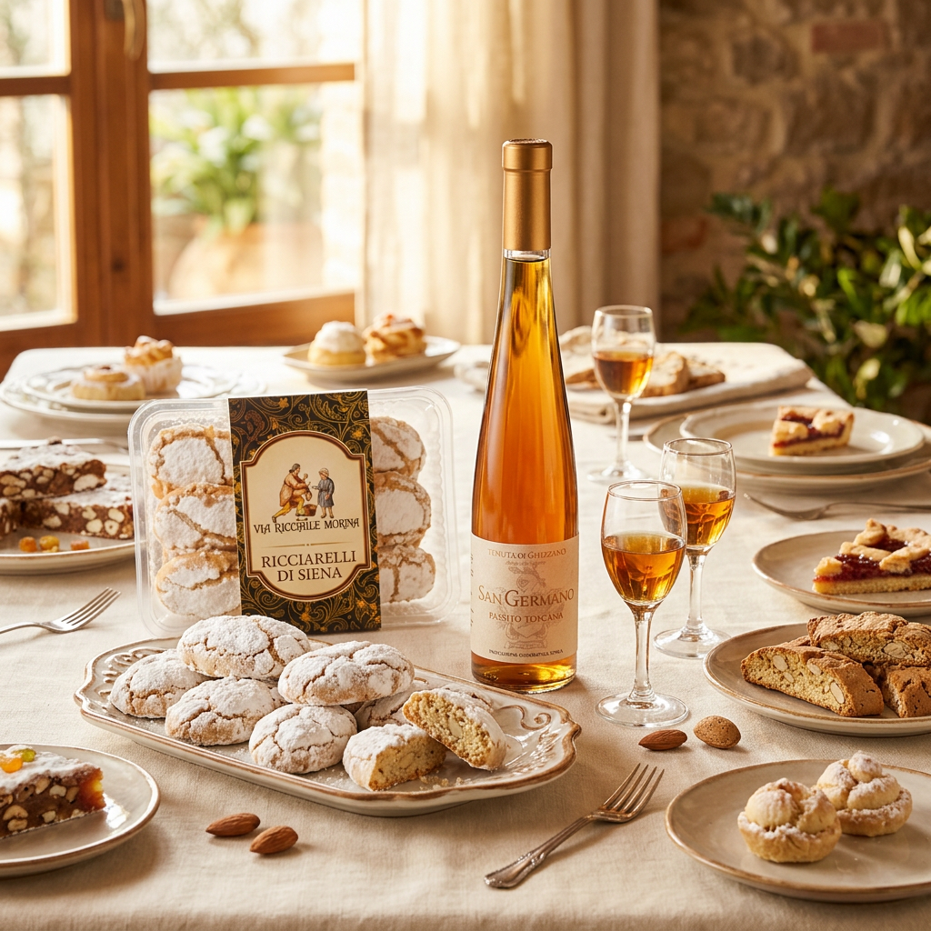 Tavola di dolci toscani con Ricciarelli di Siena e Passito San Germano