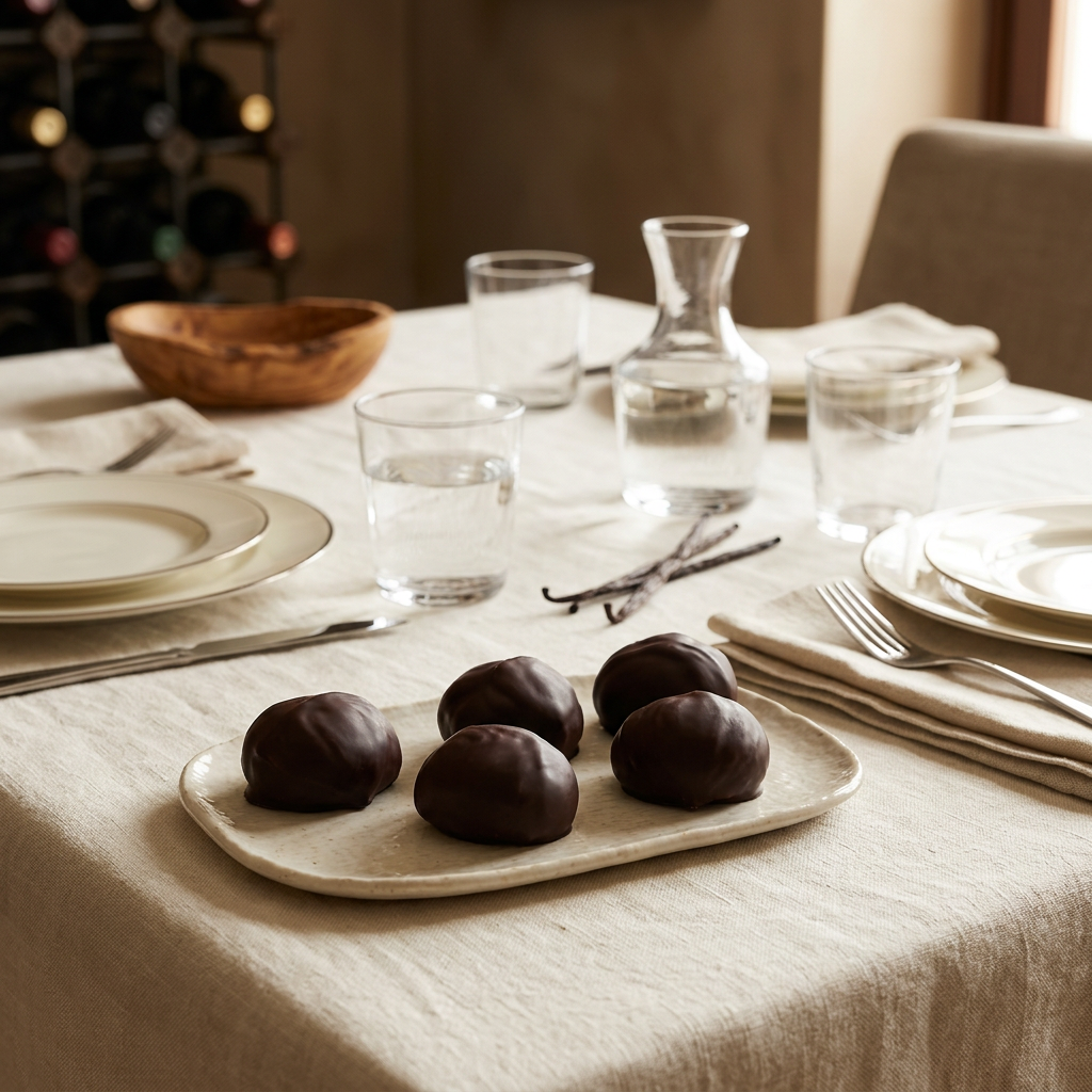 Tavola elegante apparecchiata con marron glacé ricoperti di cioccolato fondente su un vassoio