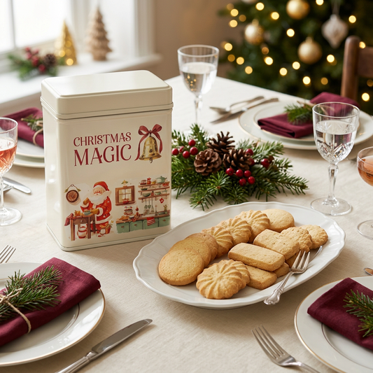 Tavola natalizia con vassoio di frollini e latta Christmas Magic