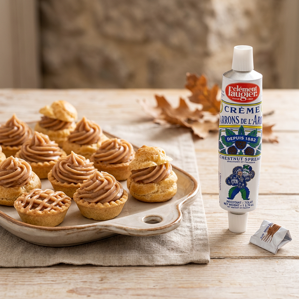 Tubetto Clément Faugier accanto a un vassoio di dolcetti guarniti con crema di marroni