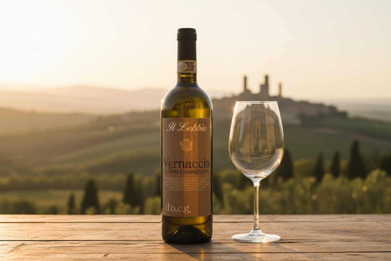 Vernaccia di San Gimignano con calice e colline toscane