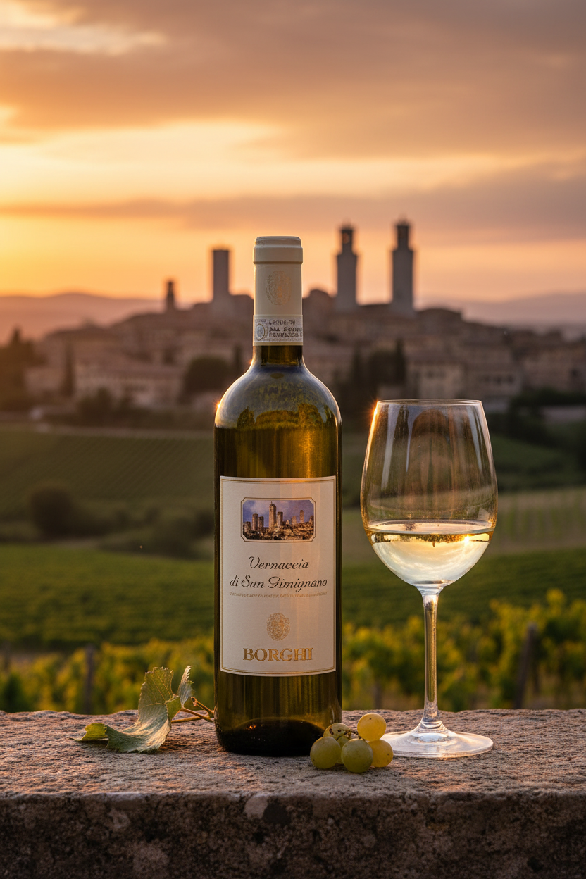 Vernaccia di San Gimignano con paesaggio toscano