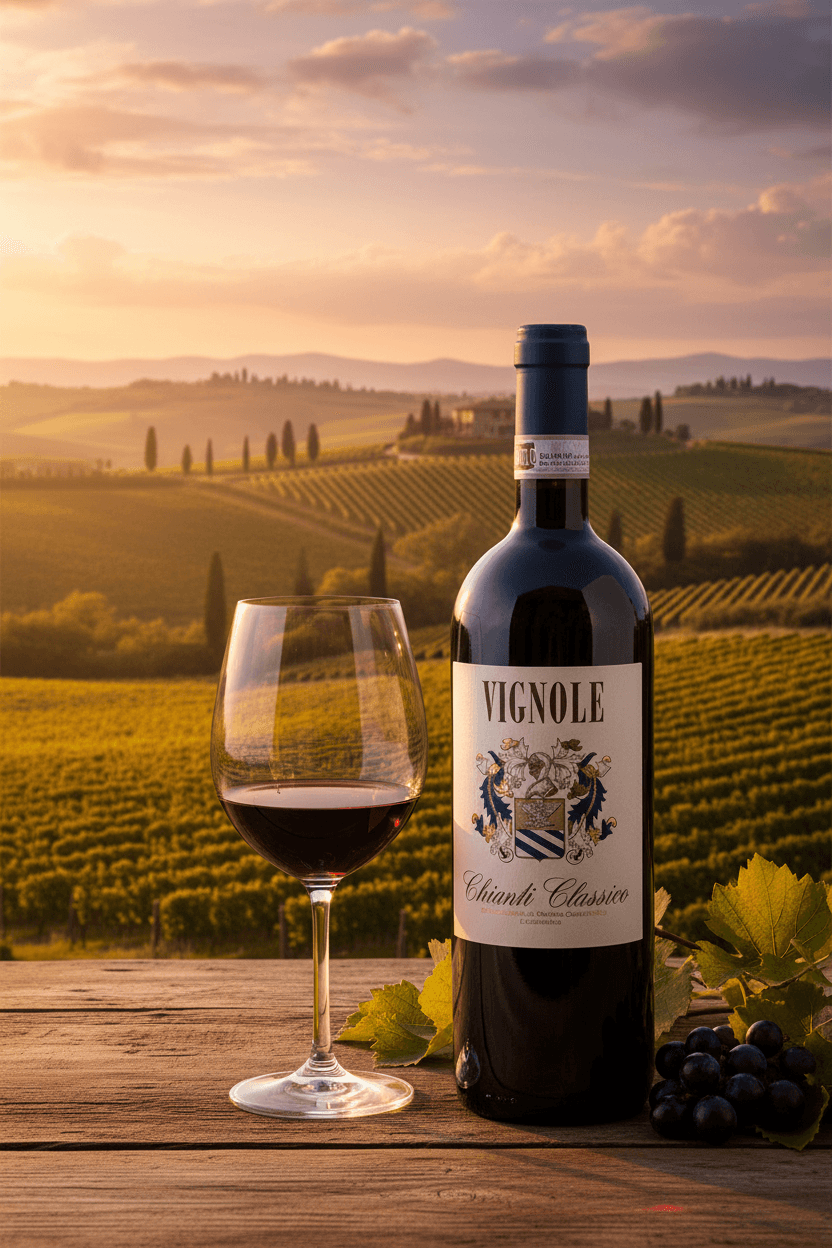 Vignole Chianti Classico con calice e paesaggio di Greve
